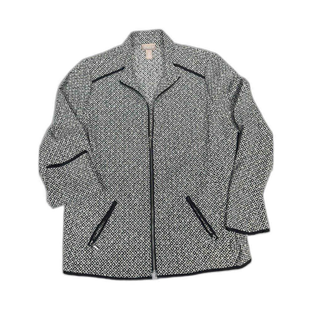 Chico's Size 2 Black White Diamond Geometric Zip Front Jacket Pockets L Large